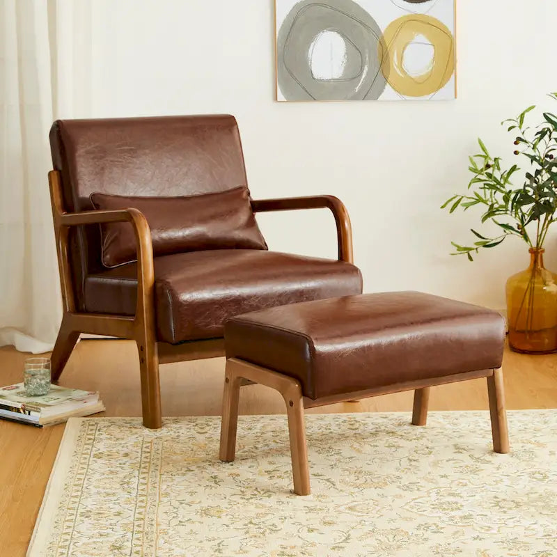 Tabouret d'appoint en similicuir Glitzhome 24,5W avec pieds en hévéa noyer