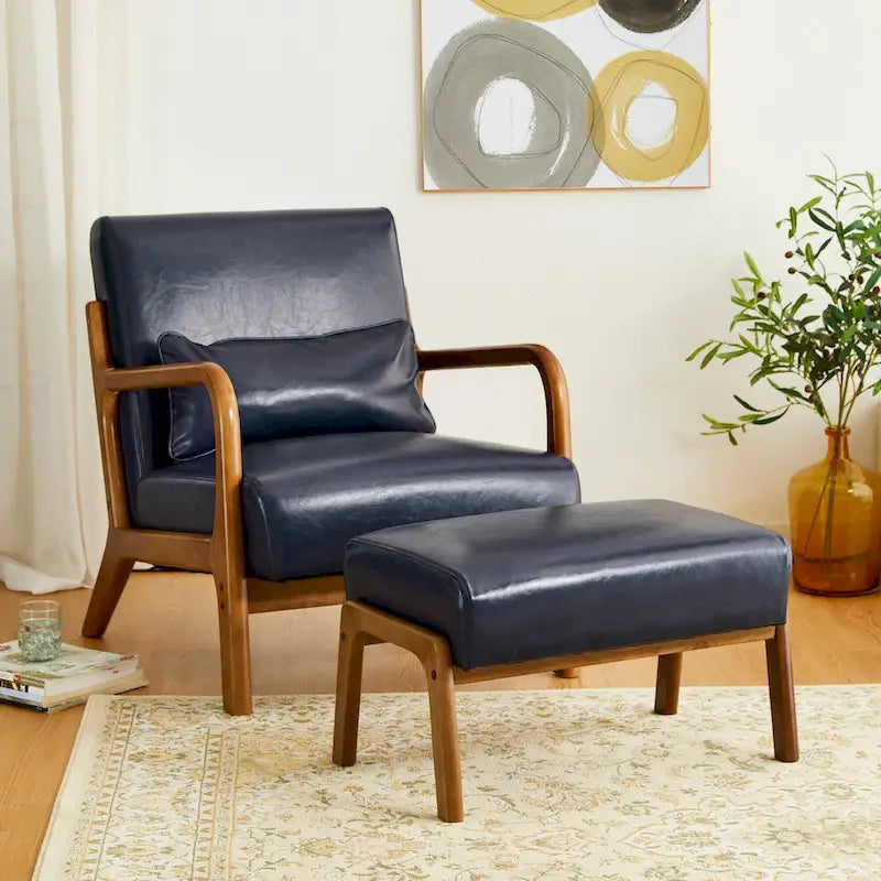 Tabouret d'appoint en similicuir Glitzhome 24,5W avec pieds en hévéa noyer