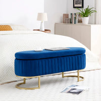 Banc de rangement pour chambre à coucher, banc capitonné ovale en velours pour bout de lit avec pieds en métal doré, banc ottoman de rangement 50