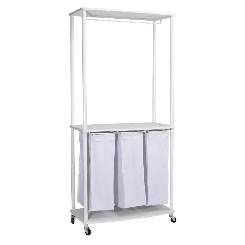 Centre de lessive à 3 sacs, Tablettes en stratifié lisse, Cadre en acier robuste, Barre de suspension, Options de pieds à roulettes et fixes