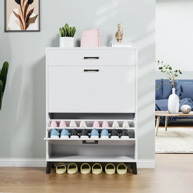 Meuble à chaussures pour entrée, organiseur autoportant avec 2 tiroirs basculants, rangement à chaussures caché pour couloir/penderie