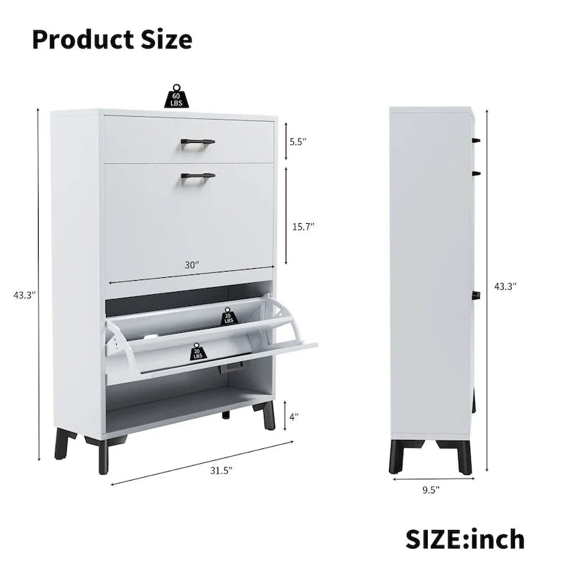 Meuble à chaussures pour entrée, organiseur autoportant avec 2 tiroirs basculants, rangement à chaussures caché pour couloir/penderie