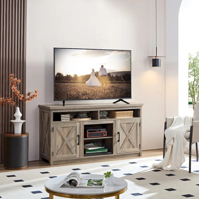 Meuble TV/Console multimédia de style campagnard avec porte de grange, pour téléviseurs jusqu'à 65 pouces, avec espaces de rangement ouverts et fermés