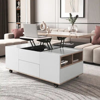 Table basse moderne à plateau relevable en noyer et blanc, table multifonctionnelle avec tiroirs et étagères