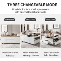 Table basse moderne à plateau relevable en noyer et blanc, table multifonctionnelle avec tiroirs et étagères
