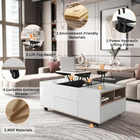 Table basse moderne à plateau relevable en noyer et blanc, table multifonctionnelle avec tiroirs et étagères