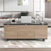 Table basse moderne à plateau relevable en noyer et blanc, table multifonctionnelle avec tiroirs et étagères