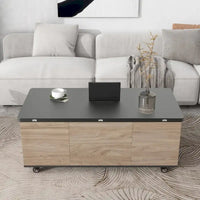 Table basse moderne à plateau relevable en noyer et blanc, table multifonctionnelle avec tiroirs et étagères