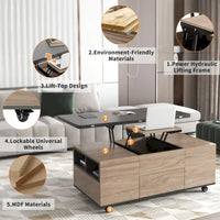Table basse moderne à plateau relevable en noyer et blanc, table multifonctionnelle avec tiroirs et étagères