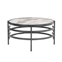 Table basse moderne avec plateau en pierre frittée et cadre métallique robuste