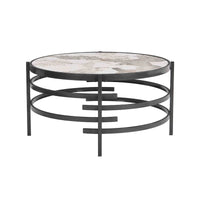 Table basse moderne avec plateau en pierre frittée et cadre métallique robuste