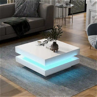 Table basse carrée à 2 niveaux, design minimaliste très brillant avec lumières LED, table basse de salon