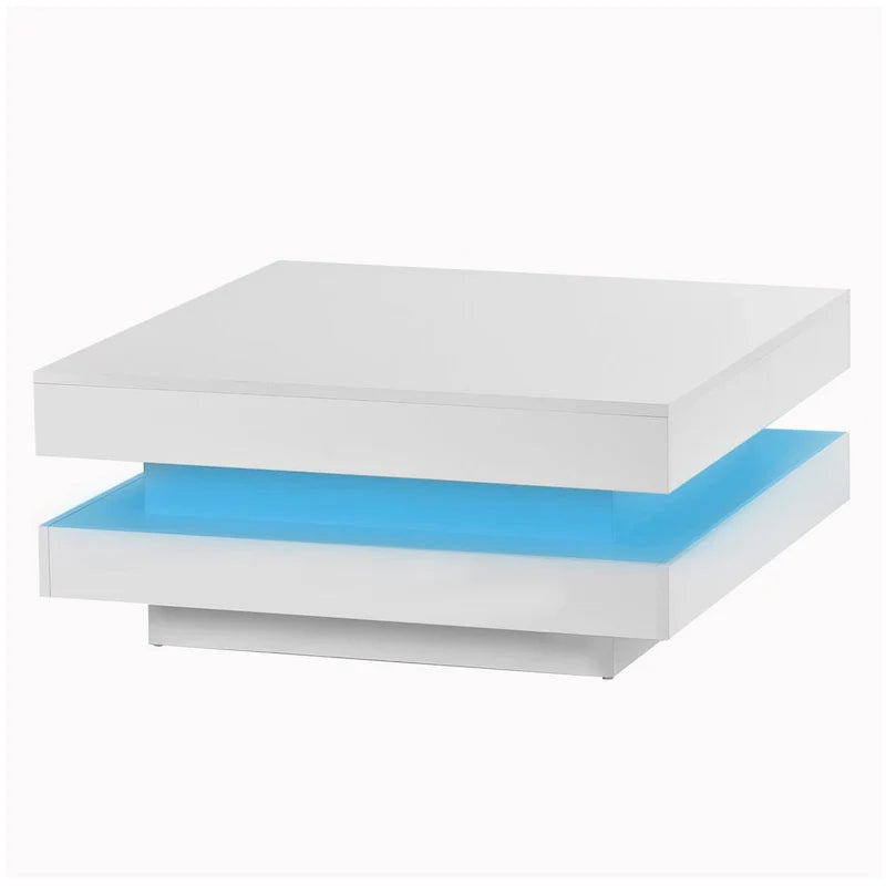 Table basse carrée à 2 niveaux, design minimaliste très brillant avec lumières LED, table basse de salon