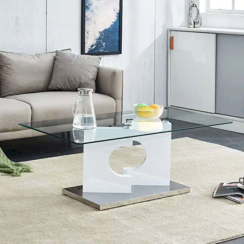 Table basse moderne et tendance rectangulaire avec plateau en verre trempé et pieds en MDF blanc