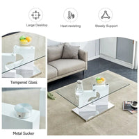 Table basse moderne et tendance rectangulaire avec plateau en verre trempé et pieds en MDF blanc