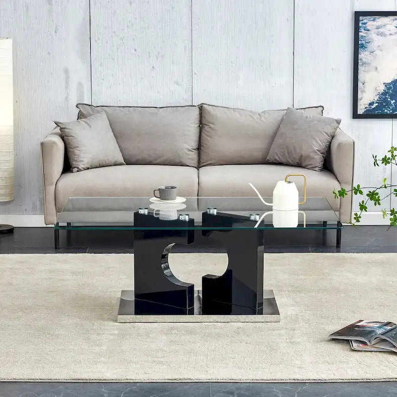 Table basse moderne et tendance rectangulaire avec plateau en verre trempé et pieds en MDF blanc