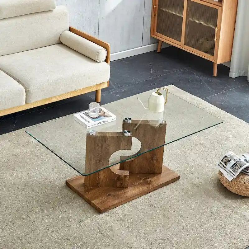 Table basse moderne et tendance rectangulaire avec plateau en verre trempé et pieds en MDF blanc