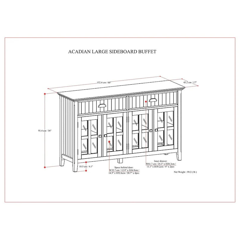 Grand buffet de rangement rectangulaire transitionnel en bois massif WYNDENHALL Normandy de 60 po de large en brun brunette