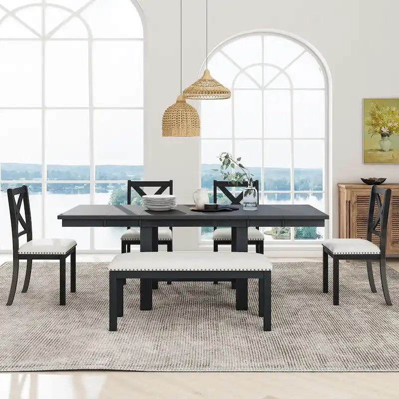 Ensemble de table à manger extensible 6 pièces avec 4 chaises et banc