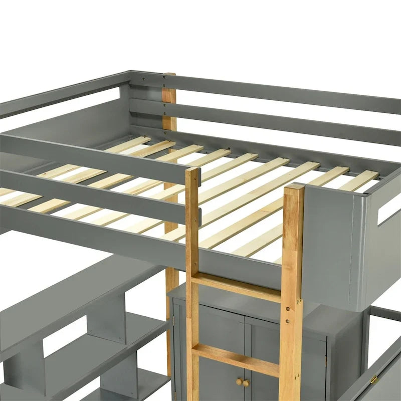 Lit mezzanine en bois Merax avec armoire de rangement intégrée et étagères, bureau pliable
