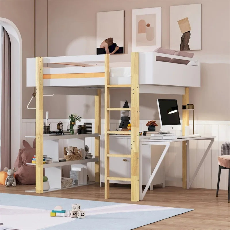 Lit mezzanine en bois Merax avec armoire de rangement intégrée et étagères, bureau pliable