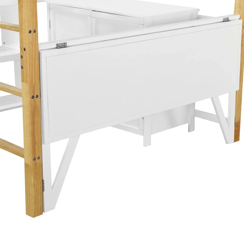 Lit mezzanine en bois Merax avec armoire de rangement intégrée et étagères, bureau pliable