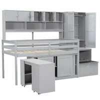Lit mezzanine double en bois avec rangement, bureau sous le lit, tiroirs, étagères