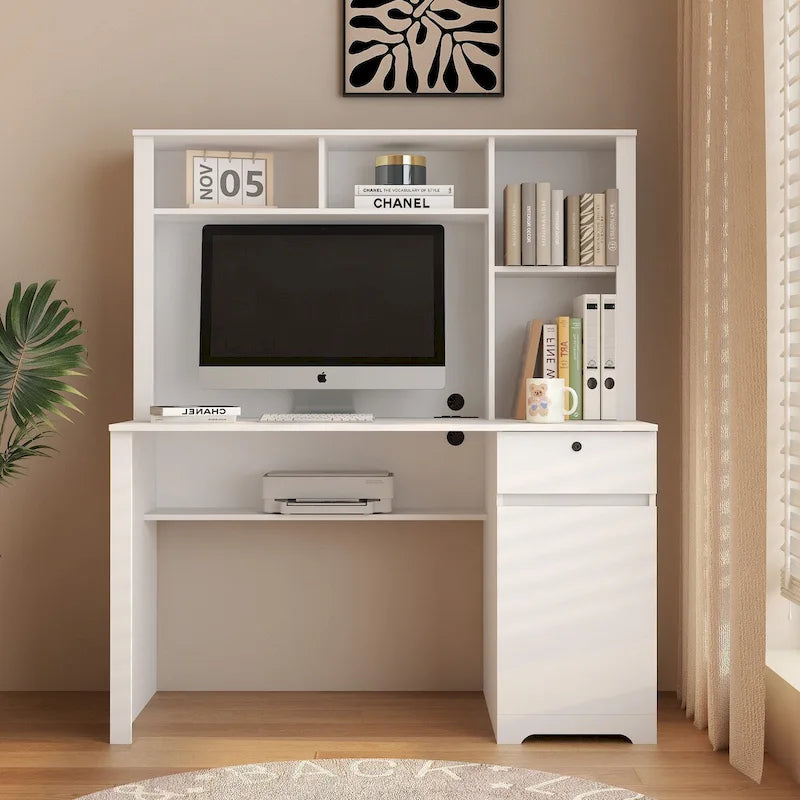 Bureau informatique avec étagère, bureau en bois pour ados, bureau d'ordinateur portable pour le bureau à domicile avec tiroirs, 3 prises secteur et 2 ports de charge USB