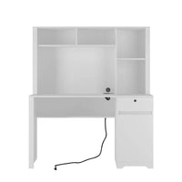Bureau informatique avec étagère, bureau en bois pour ados, bureau d'ordinateur portable pour le bureau à domicile avec tiroirs, 3 prises secteur et 2 ports de charge USB
