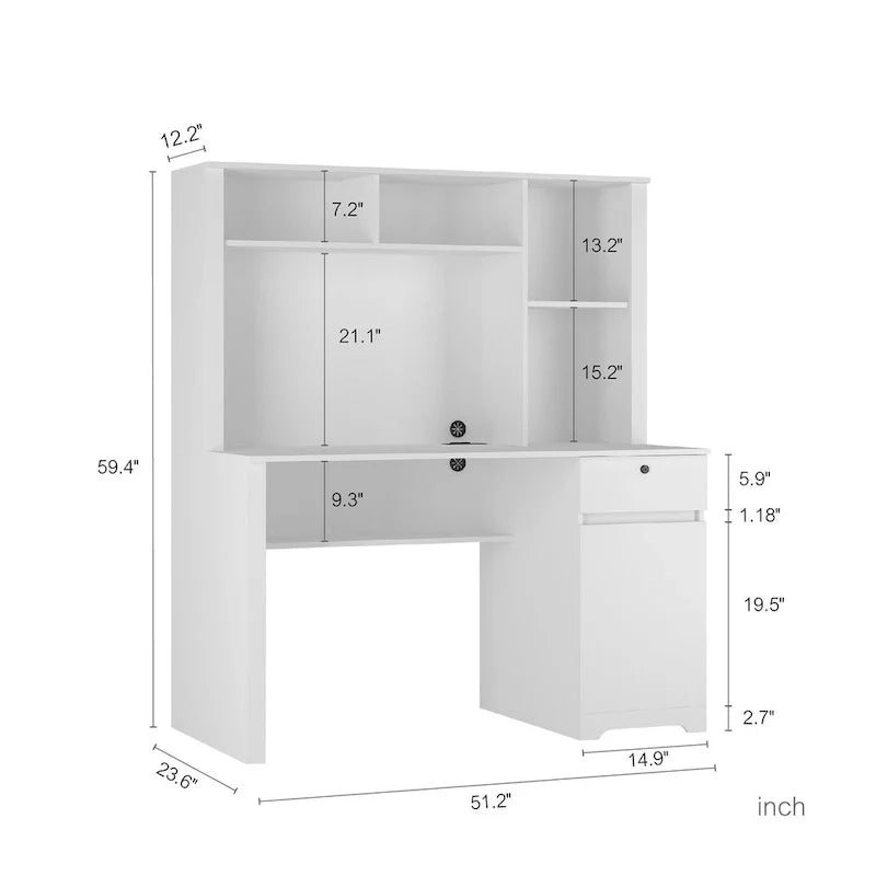 Bureau informatique avec étagère, bureau en bois pour ados, bureau d'ordinateur portable pour le bureau à domicile avec tiroirs, 3 prises secteur et 2 ports de charge USB
