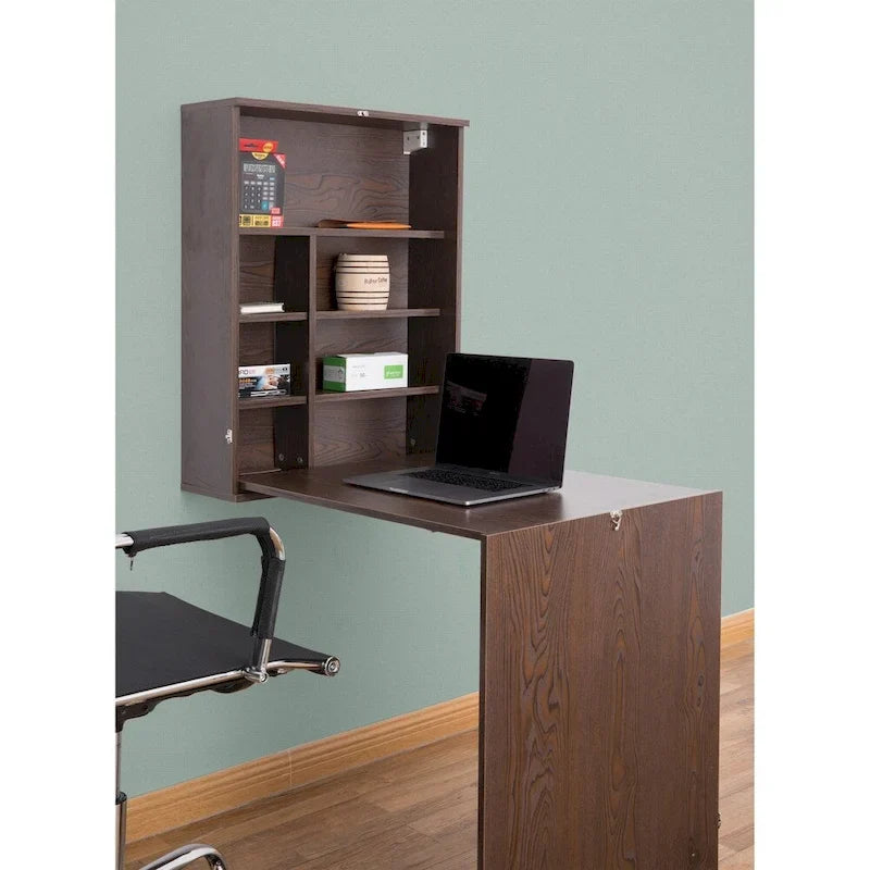 Bureau mural rabattable pour ordinateur portable avec étagères