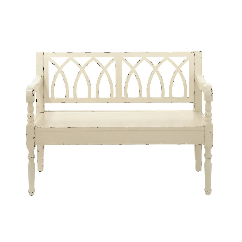 Banc en bois vieilli avec dossier arqué et pieds tournés – Noir ou blanc – Roche River Decor