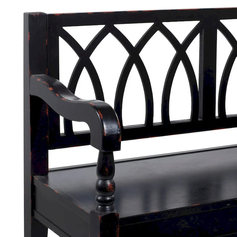 Banc en bois vieilli avec dossier arqué et pieds tournés – Noir ou blanc – Roche River Decor