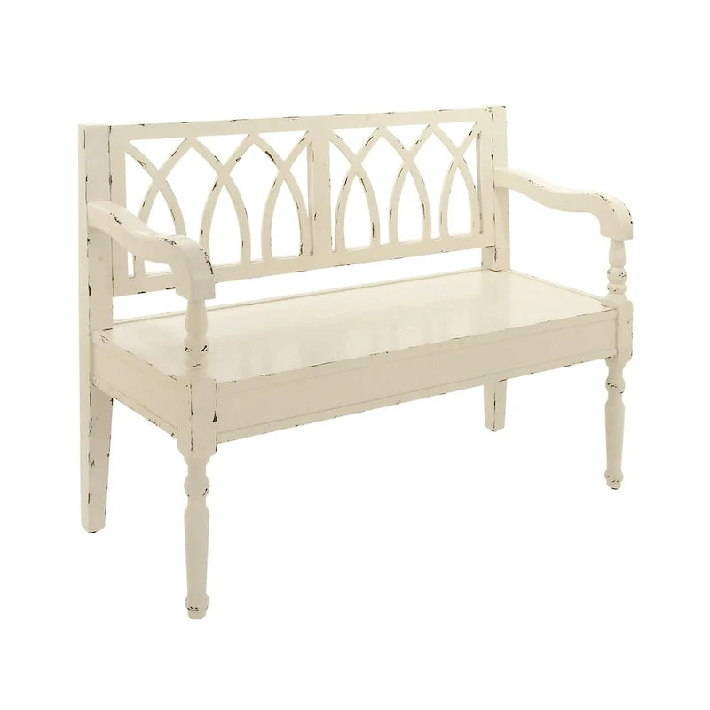 Banc en bois vieilli avec dossier arqué et pieds tournés – Noir ou blanc – Roche River Decor
