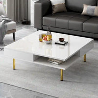 Table basse laquée : 4 pieds dorés, 2 tiroirs, design carré à 2 niveaux