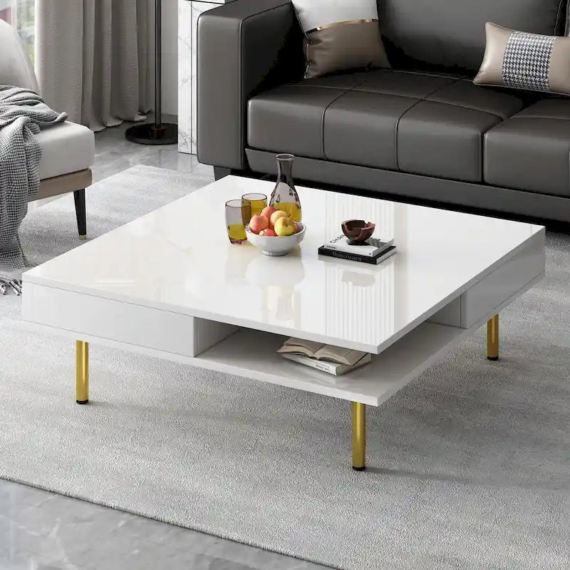 Table basse laquée : 4 pieds dorés, 2 tiroirs, design carré à 2 niveaux