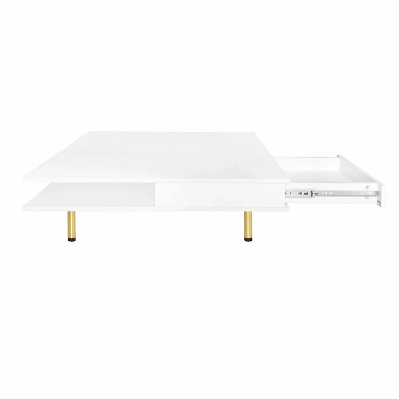 Table basse laquée : 4 pieds dorés, 2 tiroirs, design carré à 2 niveaux