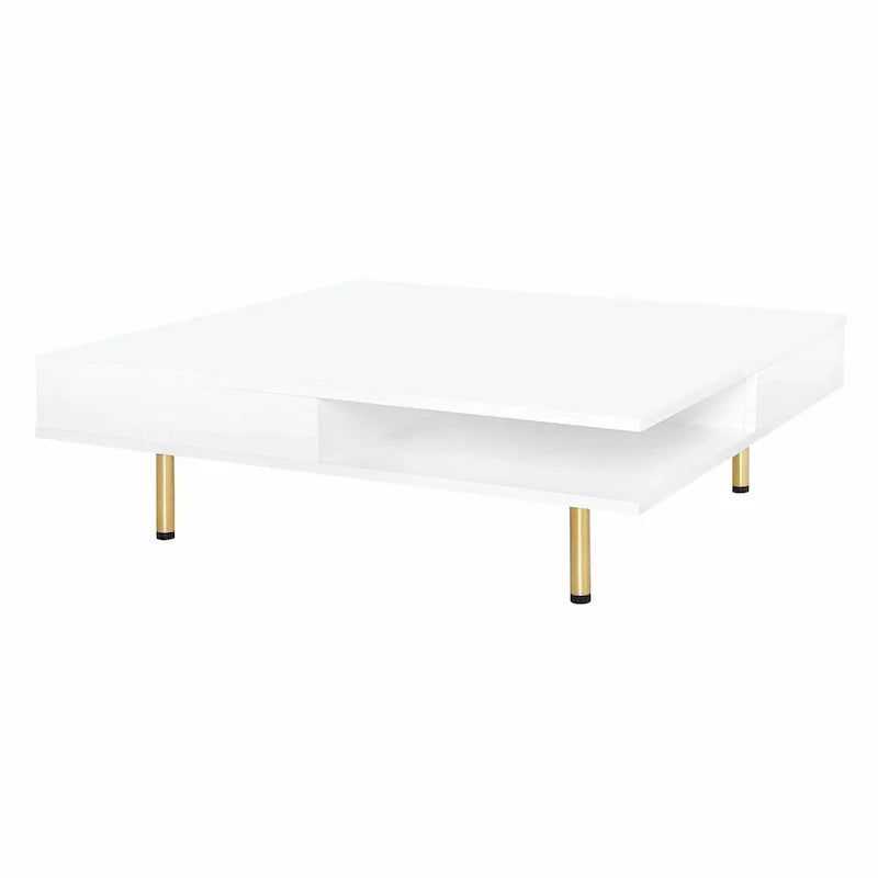 Table basse laquée : 4 pieds dorés, 2 tiroirs, design carré à 2 niveaux