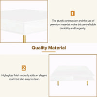 Table basse laquée : 4 pieds dorés, 2 tiroirs, design carré à 2 niveaux