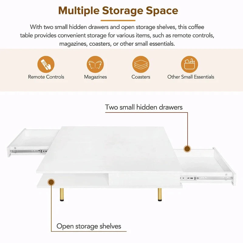 Table basse laquée : 4 pieds dorés, 2 tiroirs, design carré à 2 niveaux