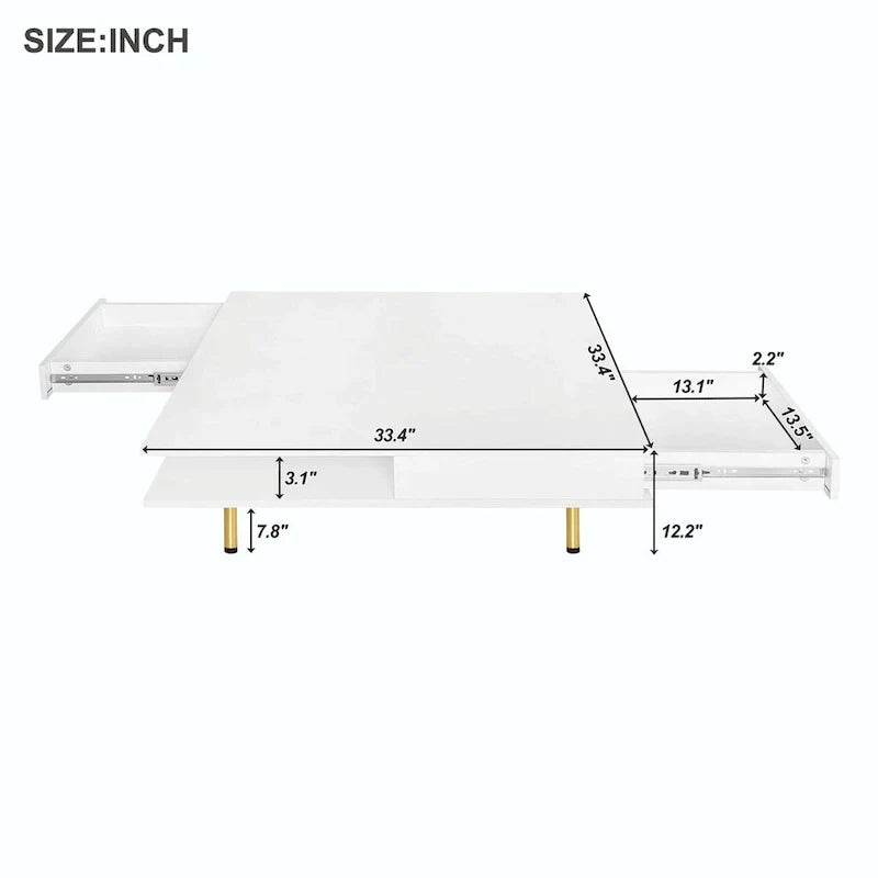 Table basse laquée : 4 pieds dorés, 2 tiroirs, design carré à 2 niveaux