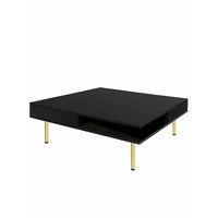 Table basse laquée : 4 pieds dorés, 2 tiroirs, design carré à 2 niveaux
