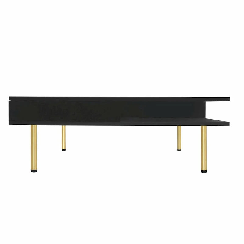 Table basse laquée : 4 pieds dorés, 2 tiroirs, design carré à 2 niveaux