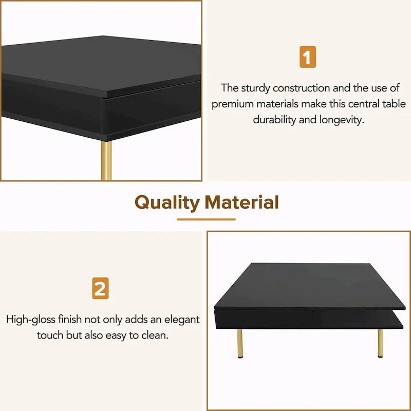 Table basse laquée : 4 pieds dorés, 2 tiroirs, design carré à 2 niveaux