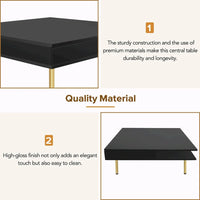 Table basse laquée : 4 pieds dorés, 2 tiroirs, design carré à 2 niveaux