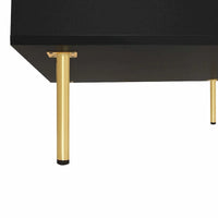 Table basse laquée : 4 pieds dorés, 2 tiroirs, design carré à 2 niveaux