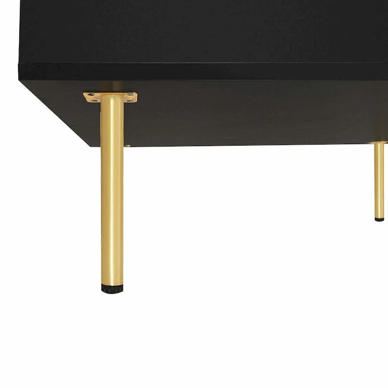 Table basse laquée : 4 pieds dorés, 2 tiroirs, design carré à 2 niveaux