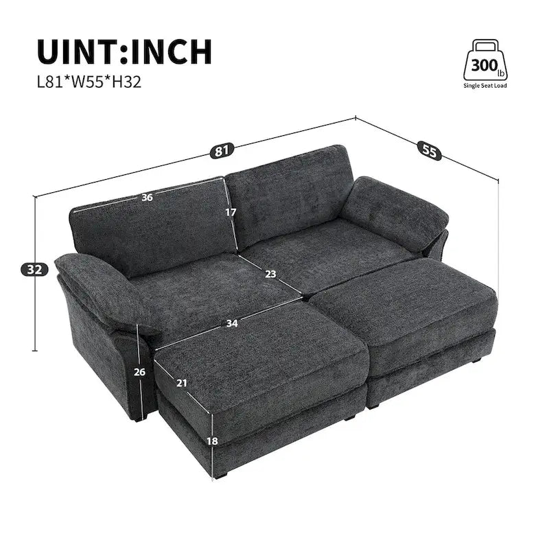 Ensemble canapé-lit sectionnel modulable convertible à combinaison libre 4 places rembourré, assise profonde, ottoman, gris
