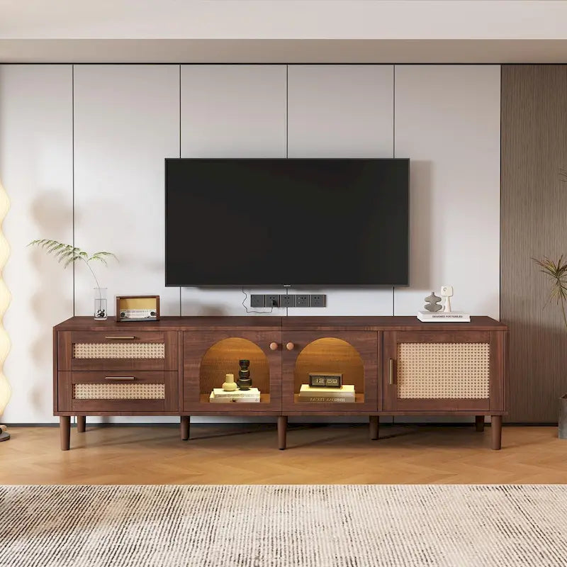Meuble TV avec 3 Armoires et 2 Tiroirs, Table Console Média pour TV jusqu'à 80 pouces, Meuble TV avec Éclairage LED, Meuble TV