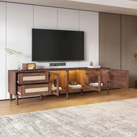 Meuble TV avec 3 Armoires et 2 Tiroirs, Table Console Média pour TV jusqu'à 80 pouces, Meuble TV avec Éclairage LED, Meuble TV